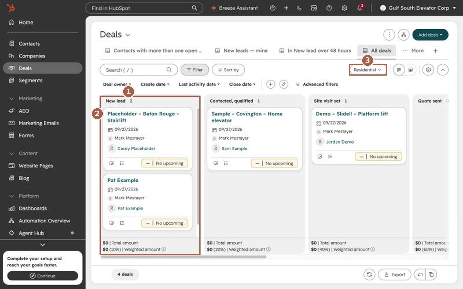 The Deals board in HubSpot, with columns for each step of a job and a card for each lead