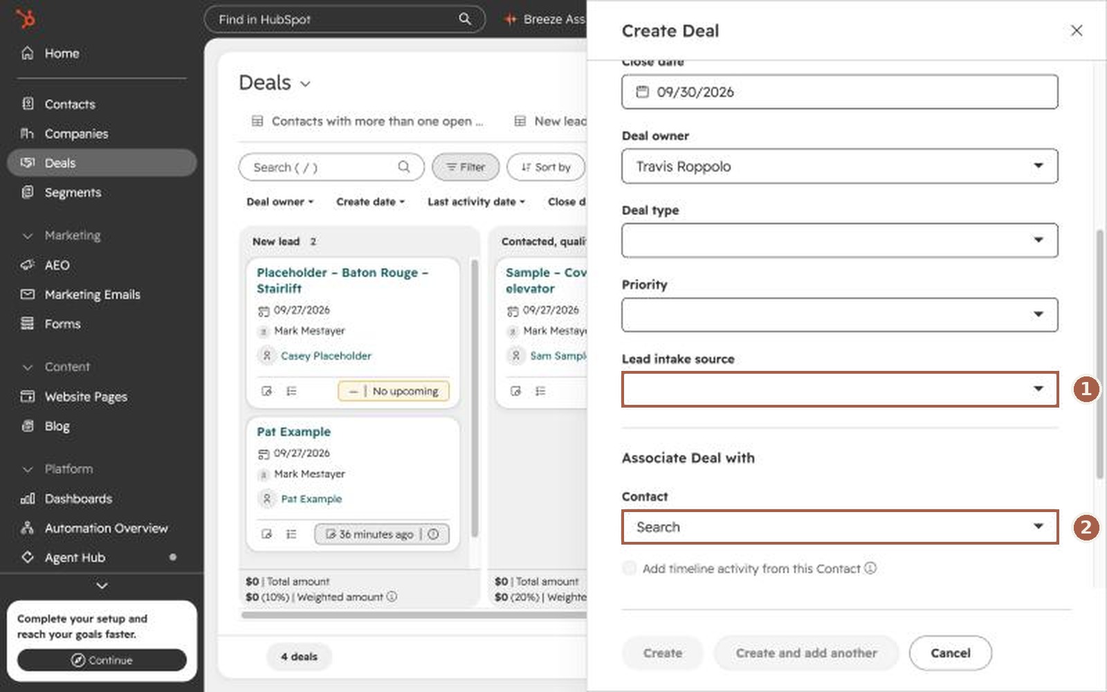 The Create Deal panel scrolled down to Lead intake source and the contact search